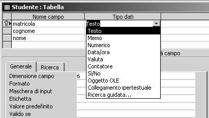 creazione delle tabelle: Descrivere la struttura della tabella specificando per ogni colonna (campo): - il nome: non deve eccedere i 64