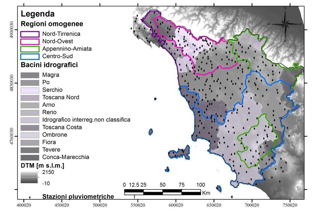 Figura 3 - Suddivisione dell area di studio in regioni omogenee La previsione quantitativa dei valori estremi di pioggia in un determinato punto è stata effettuata attraverso la determinazione della