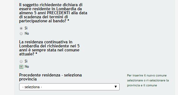 Figura 13 Modulo 1 Precedente residenza continuativa in Lombardia La tabella Precedenti residenze in Lombardia del richiedente mostrerà i comuni inseriti.