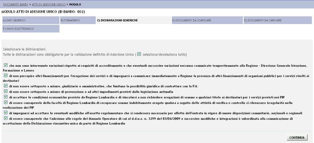 Figura 43 Dichiarazioni generiche Le dichiarazioni sono tutte obbligatorie e devono essere selezionate.