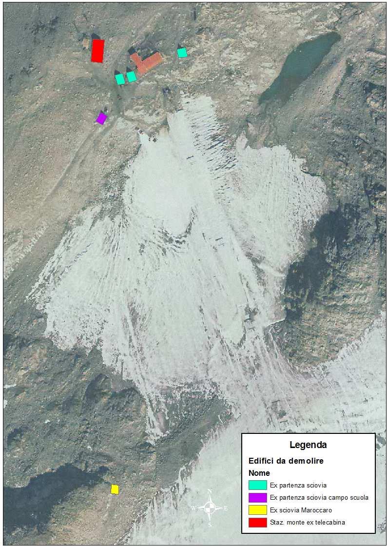 Demolizione delle strutture edili risalenti ai primi impianti sul ghiacciaio L intervento prevede la demolizione delle: Ex stazioni di partenza della sciovia Ex stazione di partenza della sciovia