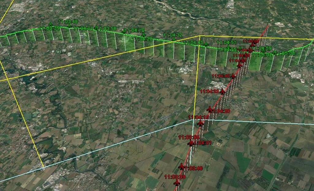 Figura 4: rappresentazione grafica dei due tracciati radar correlati sulla medesima timeline (in rosso AFL2597 ed in verde
