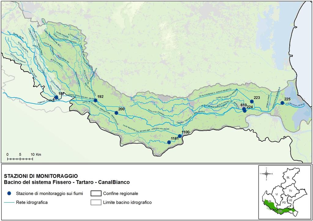 Figura 4.25 - Rappresentazione dei punti di controllo nel bacino Fissero Tartaro Canal Bianco dal 2014 al 2016 Nella Tabella 4.