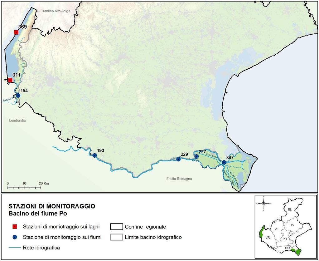 PREVISTE 4.9. BACINO IDROGRAFICO PO Nel bacino del Po (parte veneta), dal 2014 al 2016, sono stati controllati 5 siti fluviali posizionati lungo l asta del Mincio, nel tratto terminale del Po.