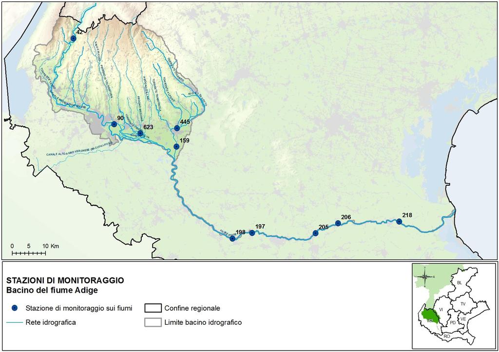4.1. BACINO IDROGRAFICO ADIGE Nel bacino idrografico dell Adige, dal 2014 al 2016, sono stati controllati 10 siti posizionati lungo l asta principale e nei principali affluenti del fiume Adige