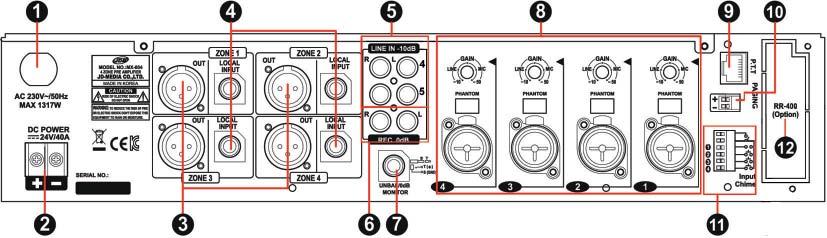 SUONO MX-604 Preamplificatore Matrix 6 Ingressi 4 zone PREAMPLIFICATORE MATRIX - Pulsanti di selezione (Z1-Z4) per ogni canale con possibilità multiple - Equalizzatore a due bande per ogni canale -