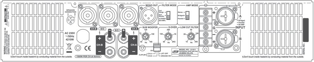 SUONO LX-3.0 2x660 watt LX-3.6 2x870 watt LX-4.8 2x1160 watt LX-6.0 2x1400 watt Nuova serie di amplificatori ad alto rendimento con Crossover a 2 vie.