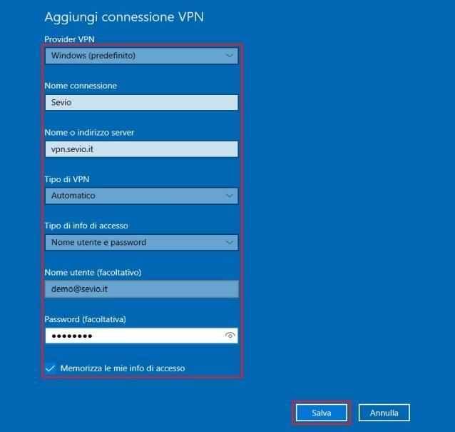 SEVIO o Rete Virtuale ), inserire come indirizzo server vpn.sevio.