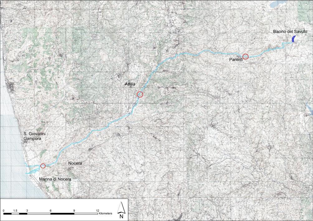 4 Il Fiume Savuto Il Fiume Savuto, a valle dell omonimo bacino, è stato oggetto di attività di monitoraggio nelle seguenti stazioni: Parenti (SAV01); Altilia (SAV02); Marina di Nocera (SAV03).