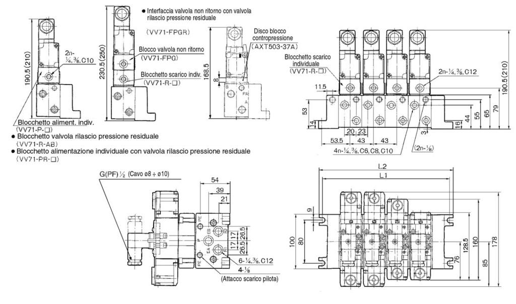 VS7-6 Manifold/Dimensioni Scarico comune ( ): In caso di azionamento manuale diretto Scarico individuale L: Dimensioni L n 1 L1 L 7 119 150 16 3 193 05 4 36 48 5 79 91 6 3 334 7