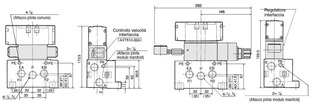 VSA7-6/VSA7-8 Manifold/Dimensioni Tipo V ( ): 3/4 Controllo velocità interfaccia L: Dimensioni Diam.