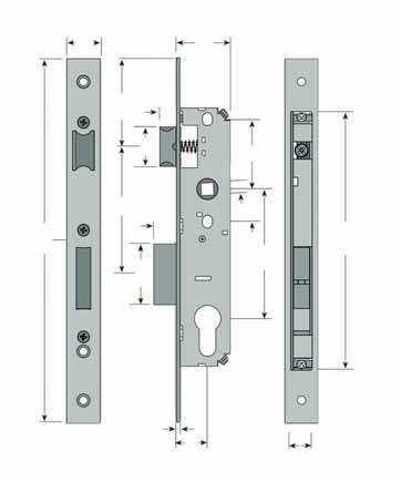 22 B 22 B 20 8 58,6 26 5 ø 8,2 2,5 6 70 20 8,7 58,6 2 26 5 9,8 9,8 85 2,5 A 2,5 A Scrocco e catenaccio Latch and dead bolt A Entrata/Backset 9950 080 2 5,5 80