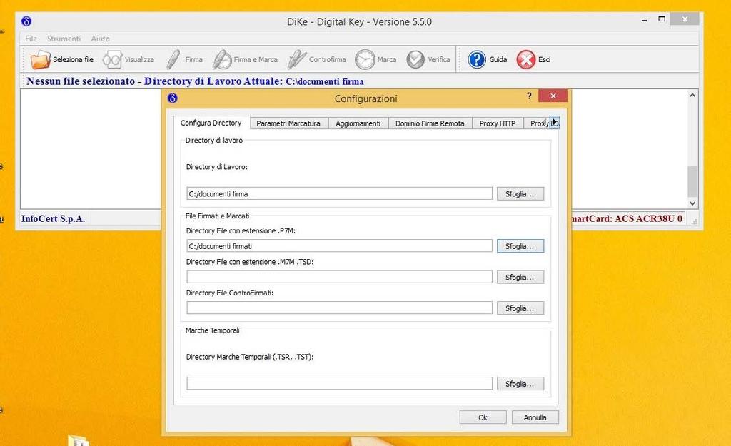 Smart Card: firma e marcatura dei documenti v 01-2017 29 Dalla finestra Configurazioni nella scheda Configura directory specificare i percorsi per i file da firmare e per quelli firmati, come nell