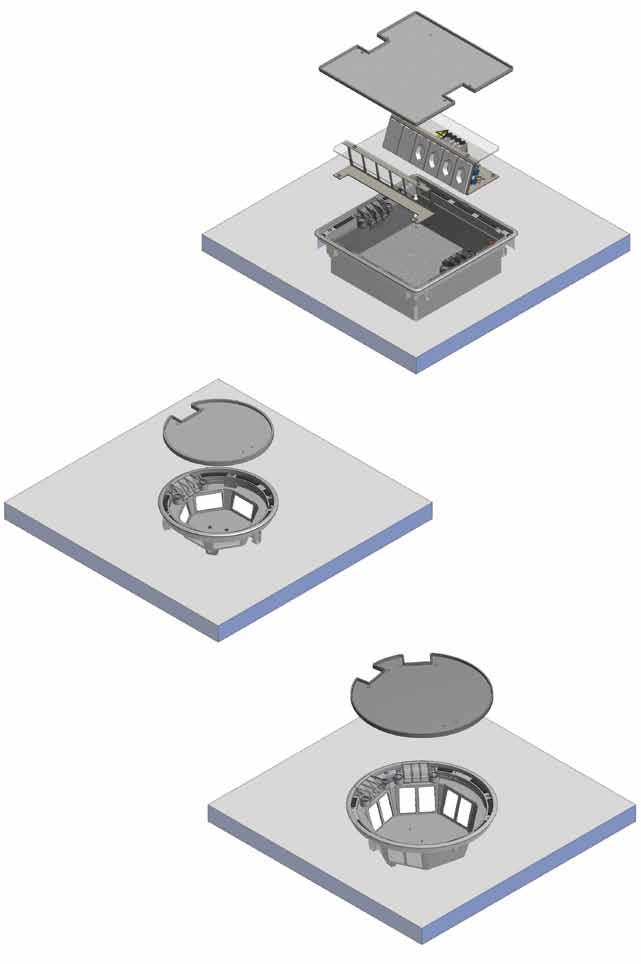 Sistemi per doppio pavimento Panoramica Cassetta di derivazione per doppio pavimento Tipo DAK 8825, per inserimento nel pannello del doppio pavimento, quadrata, 280x280mm Sistemi per doppio pavimento