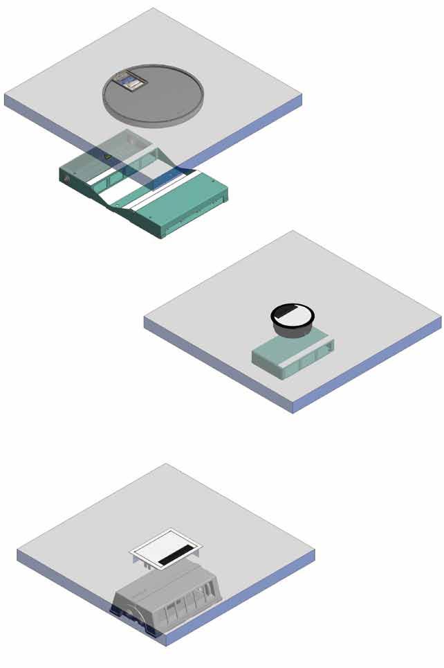 Sistemi per doppio pavimento Panoramica DAK Cassette di derivazione per doppio pavimento per montaggio su pavimento grezzo, copertura rotonda, Ø 280 mm con uscita cavi Modulo singolo per corrente