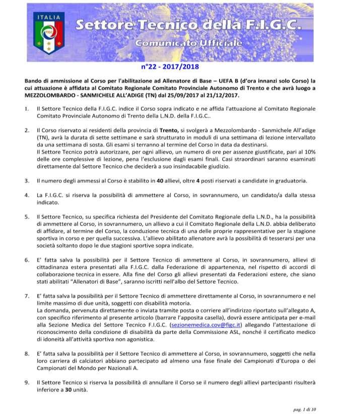 233/09 1. COMUNICAZIONE DEL SETTORE TECNICO DELLA F.I.G.C. 1.1 CORSO PER ALLENATORI DI BASE UEFA B: MEZZOLOMBARDO / S.