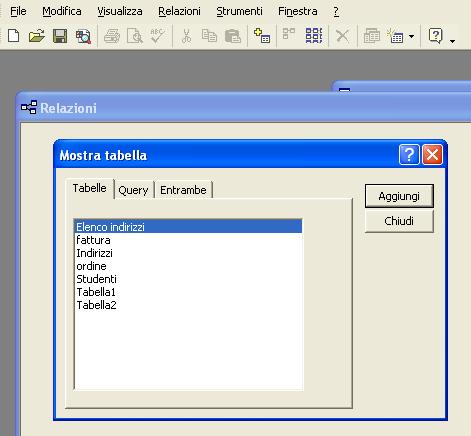 Relazioni tra tabelle Come creare le relazioni (1) Uscirà questa schermata, nel caso non dovesse uscire cliccare il tasto destro del mouse uscirà un menu a