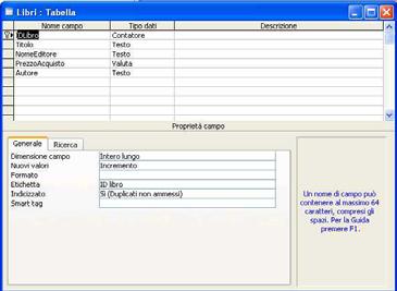 Vedete che ogni campo creato ha un tipo (testo, numero, contatore) e una sua dimensione) Per passare a