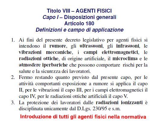 Titolo VIII AGENTI FISICI Capo I Disposizioni generali Articolo 180 Definizioni e campo di applicazione 1.