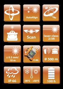 Tilt, che blocca il livello in caso di urti o spostamenti accidentali. Piombo superiore. Ampio display per il controllo delle funzioni del laser. Precisione 0,5 mm. a 10 m. Portata 250 m. (raggio).