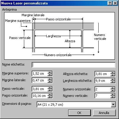 In questo caso il documento principale non è più la pagina del documento di testo ma le etichette che dobbiamo stampare, Word ci presenterà quindi la finestra di dialogo OPZIONI ETICHETTE nella quale