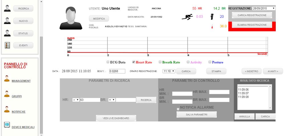 Il sistema fornisce inoltre la possibilità di applicare dei PARAMETRI DI RICERCA in base ai valori della frequenza cardiaca e respiratoria all interno di tutta la registrazione giornaliera