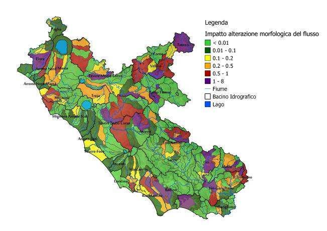 Carta delle pressioni da alterazione morfologica del flusso sui sottobacini Questo indice descrive l impatto delle opere di artificializzazione dei corpi idrici quali dighe, sbarramenti, canali e