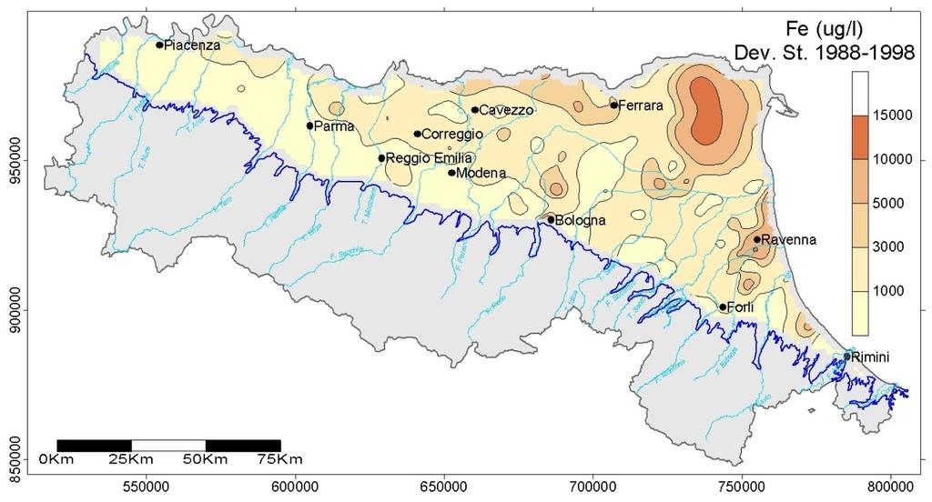 Figura 7.1: Distribuzione areale di ferro totale nelle acque sotterranee dell Emilia-Romagna nel periodo 1988-1998. Figura 7.