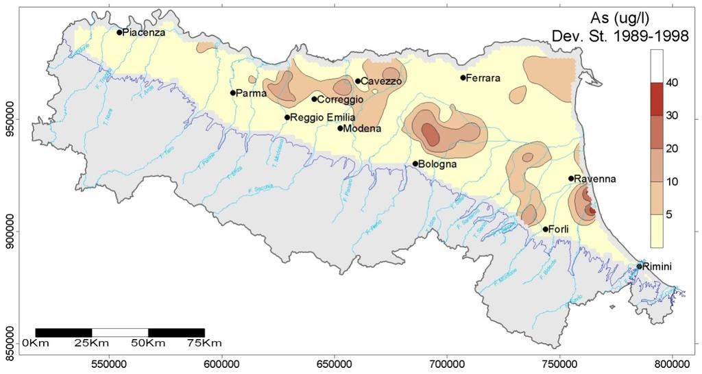 3: Distribuzione areale di arsenico nelle acque sotterranee dell Emilia-Romagna nel periodo 1989-1998. Figura 7.