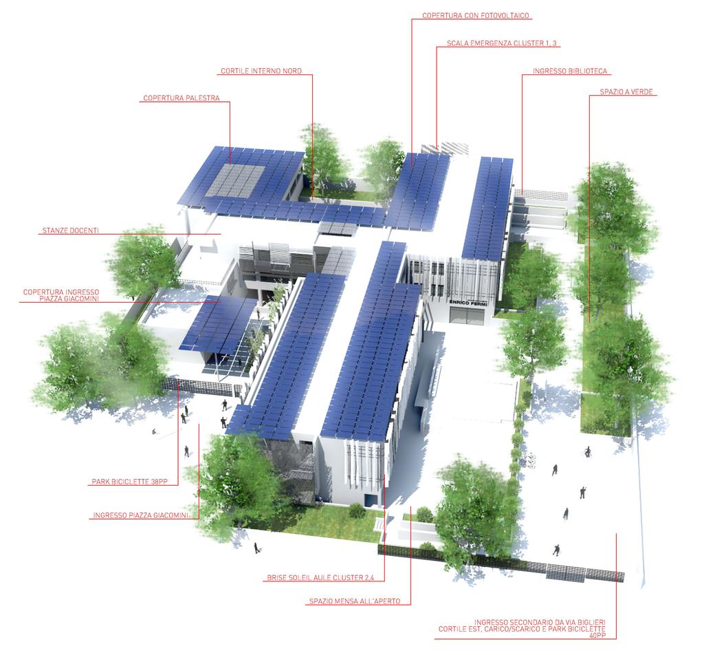 L ingresso principale di Piazza Giacomini è confermato con un nuovo disegno del cortile interno, mentre viene definito un accesso indipendente alla zona Palestra e una nuova rampa di accesso all