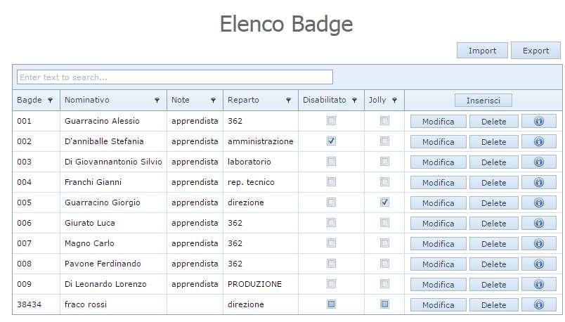 Tramite i pulsanti Import ed Export è possibile importare o esportare in excel la tabella relativa all elenco badge: esportando il file precompilato e importandolo successivamente verrà sovrascritta