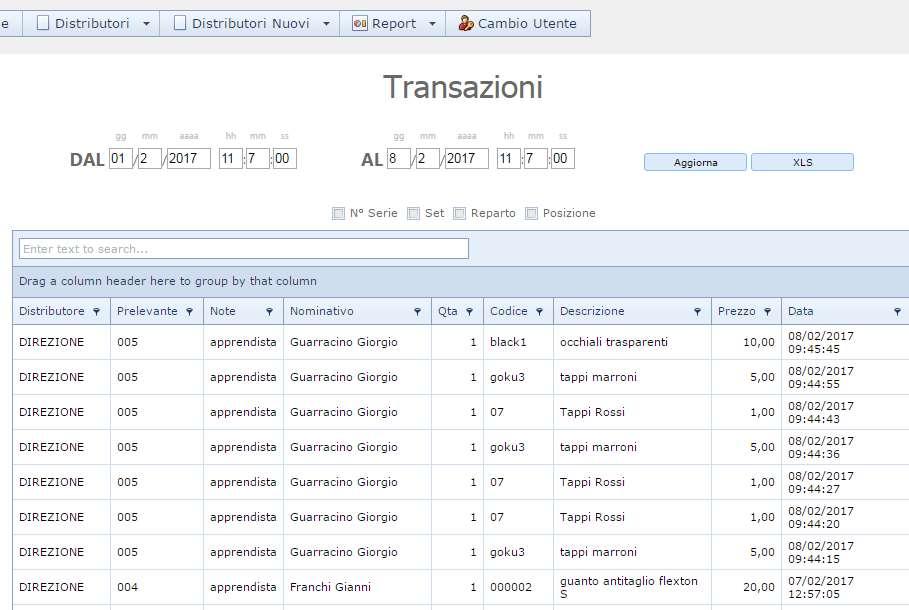 REPORT TRANSAZIONI Il menù Transazioni permette di visualizzare e filtrare lo storico dati dei
