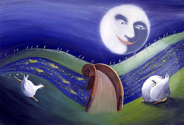 1996 - La gallina Pervinca e la luna Illustrazione realizzata per il libro "La gallina Pervinca" Pubblicata su: La gallina Pervinca, Arka Edizioni,