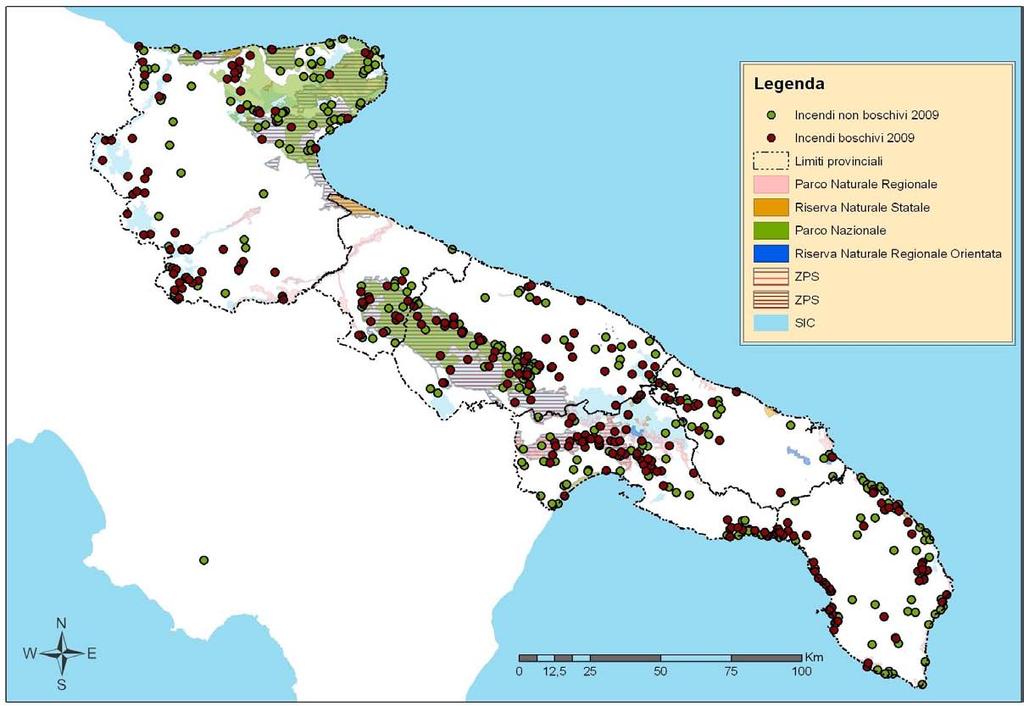 Figura 38 Aree percorse dal fuoco, anno 2009 Fonte dati: Elaborazione ARPA Puglia su dati Settore Protezione Civile