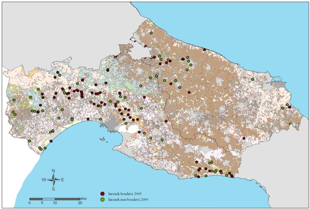 Figura 45 Distribuzione degli incendi boschivi per habitat CORINE Biotopes, Prov. di Brindisi e Taranto Fonte dati: ARPA Puglia U.O.C. Ambienti Naturali (U.O.S.
