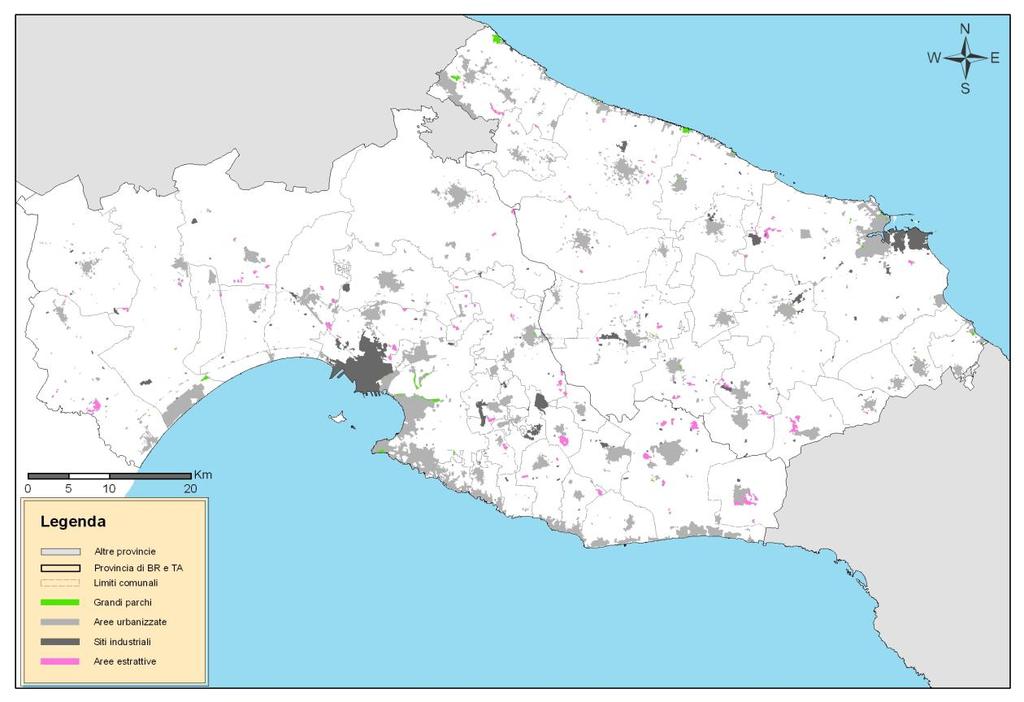 Fig. 4 - Aree urbanizzate nel territorio regionale Province di