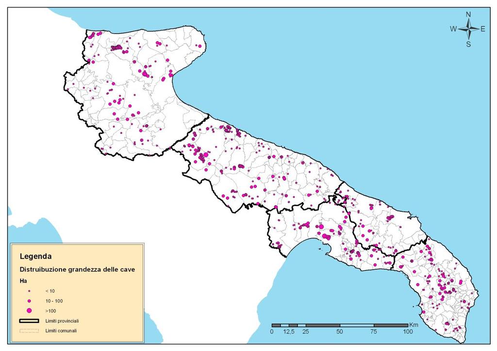 Va segnalato, a tal proposito, che se nella province di Lecce, Foggia, Bari e BAT vi è la maggiore concentrazione numerica di cave, tuttavia quelle aventi maggiore estensione territoriale sono