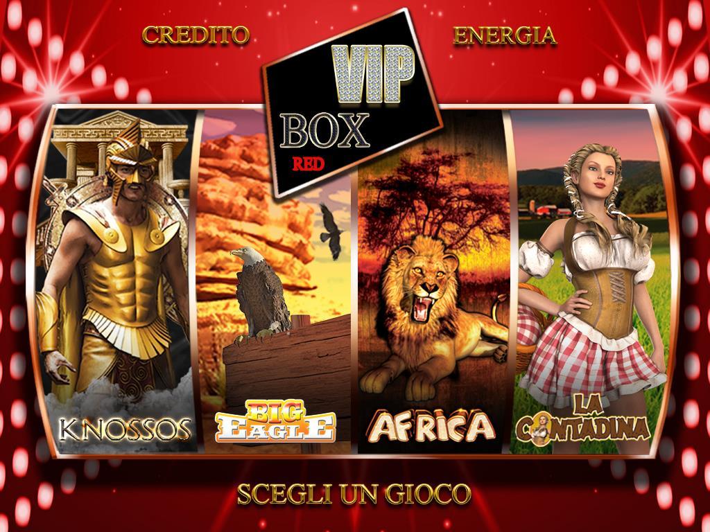 REGOLE DEL GIOCO VIPBOXRED Il gioco VipBoxred è un multigioco ed è composto da 4 giochi che sono: - Knossos - BigEagle - Africa - LaContadina La VipBoxRed ha un ciclo di 28000 partite, ed una