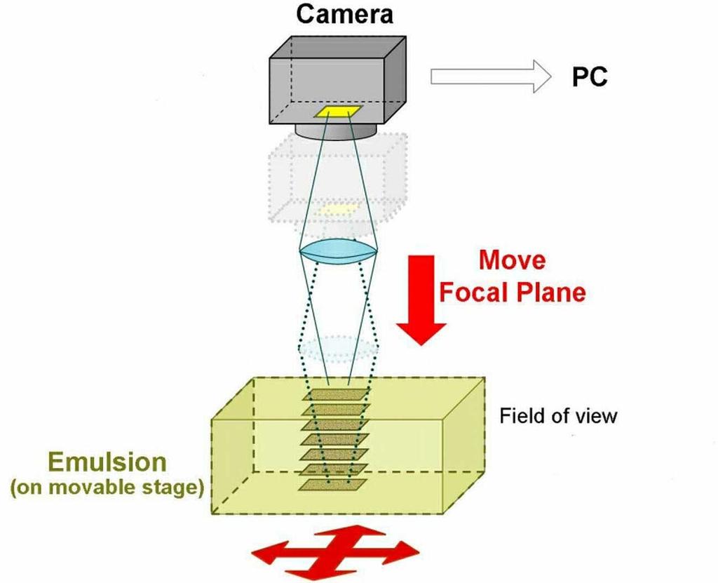 48 3. European Scanning System Figura 3.2: Per ogni campo di vista vengono acquisite varie immagini tomografiche dell emulsione muovendo il piano focale. buon riconoscimento delle tracce.