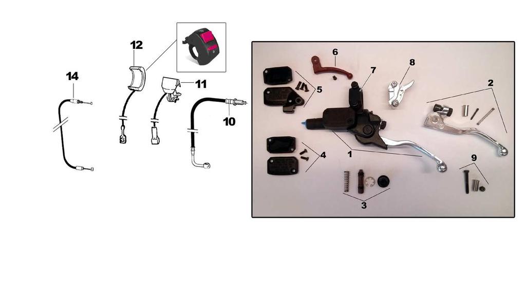 TAV. 03 SMX 1 64240 1 POMPA FRIZIONE BREMBO Hydraulic Clutch pump 2 64241 - LEVA FRIZIONE BREMBO Clutch lever 3 64243 - KIT REVISIONE PISTONE Piston kit 4 64247 - COPERCHIO SUP Cap, top 5 64244-530