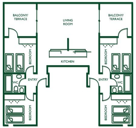 SPORT 4 BEDROOMS: Questo spazioso appartamento, dispone di quattro camere da letto con due letti singoli ed un grande armadio a muro in ogni camera che garantisce spazio sufficiente per i bagagli e