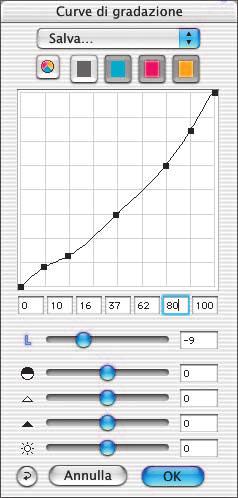 questo range di valori tonali, trasformate la scala della curva da lineare a logaritmica cliccando sulla «N» (che diventerà una «L») a sinistra del cursore dei toni medi L effetto che ne consegue è