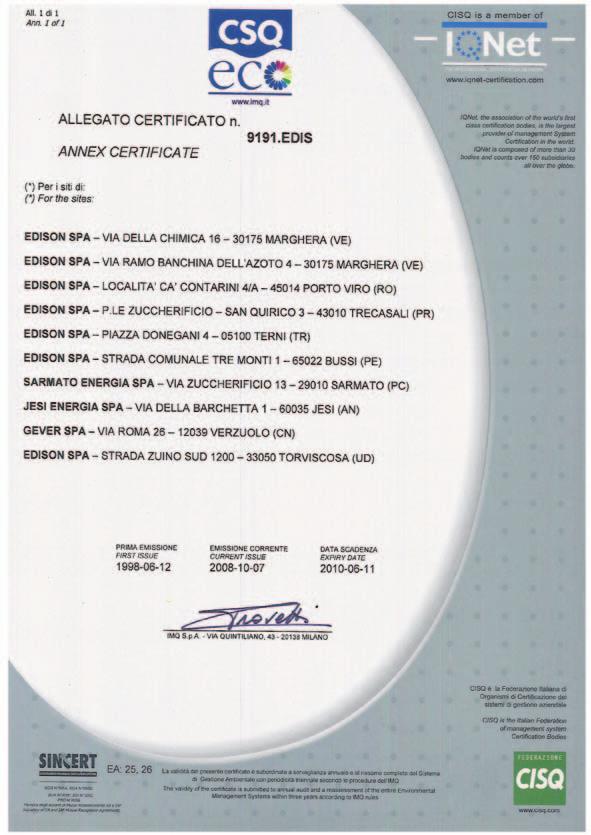 Gli audit di certificazione sono stati effettuati nel Dicembre 2002 e il rilascio dei certificati è avvenuto nel Gennaio 2003: qualità 20/01/03, ambiente 24/01/03 e sicurezza 24/01/03.