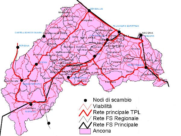Fig. 3.6 Provincia di Ancona, rete principale del TPL Fonte: Regione Marche, Piano Regionale del Trasporto Pubblico Locale Extraurbano, 2003 Le percorrenze sulla rete principale sono pari a 2.495.