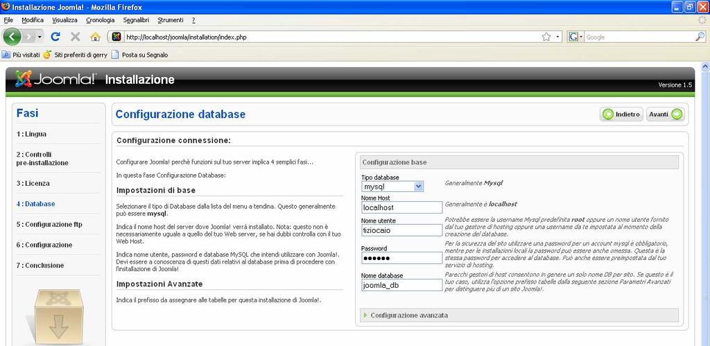 Installare Joomla fase 3 e 4 Nella fase 3 c è solo la licenza, quindi proseguiamo.