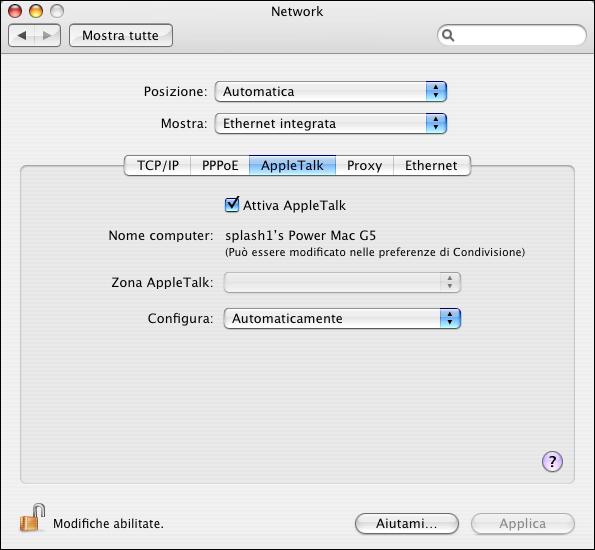 INSTALLAZIONE DEL SOFTWARE DEL SERVER SPLASH RPX-ii 18 PER CONFIGURARE LE IMPOSTAZIONI DI STAMPA APPLETALK 1 Selezionare Preferenze Network dal menu Posizione.