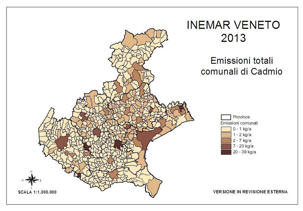 Figura 36: Emissioni totali comunali 2013 di Cd (kg/a), dati in revisione esterna Figura 37: Emissioni totali