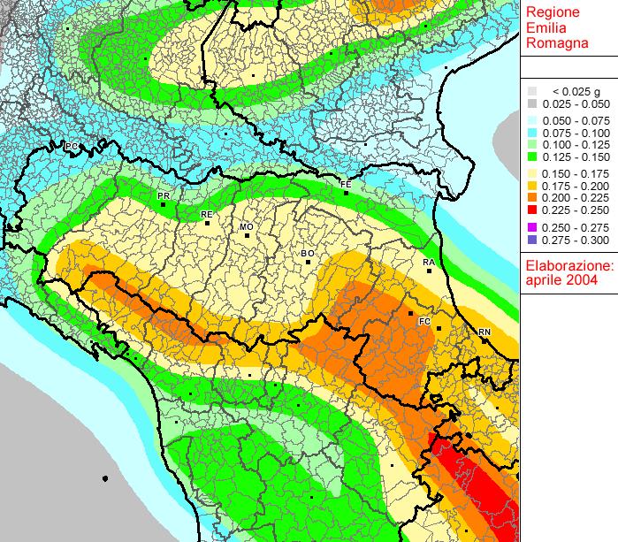 Particolare della mappa di PS di base MPS04 (da www.ingv.it) con zonazione ZS9, attuale riferimento per studi di pericolosità sismica.