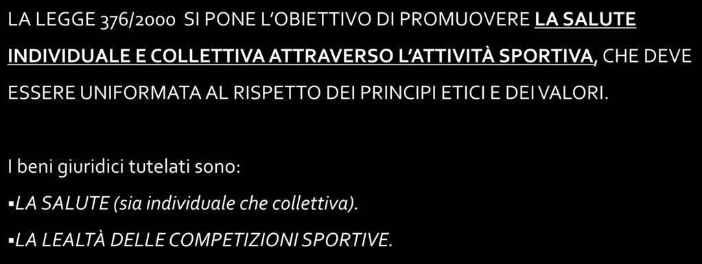 LA LEGGE 376/2000: le principali innovazioni LA LEGGE 376/2000 SI PONE L OBIETTIVO DI PROMUOVERE LA SALUTE INDIVIDUALE E COLLETTIVA ATTRAVERSO L ATTIVITÀ SPORTIVA, CHE DEVE