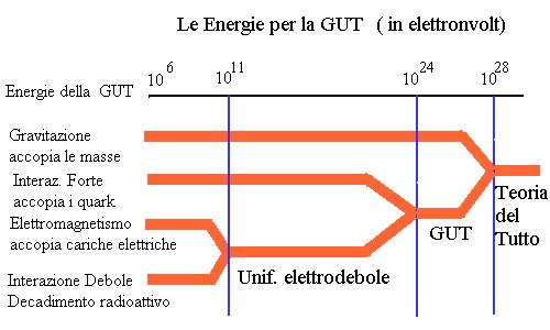 Teoria di Grande Unificazione Si crede che una GUT unifichera le forze forte, debole ed elettromagnetica Queste 3 forse saranno